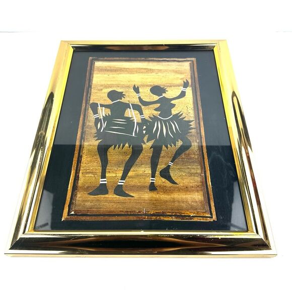 Vintage African Handmade Banana Leaf Tribal Dancing Art Photo in Gold Frame - Picture 7 of 9